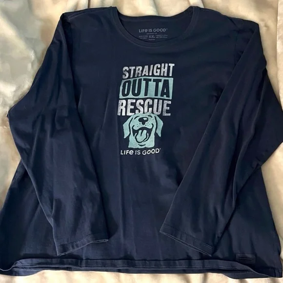 LIFE IS GOOD 🐶 DISTRESSED NAVY BLUE COTTON LONG SLEEVE DOG RESCUE TSHIRT XXL - Picture 1 of 8